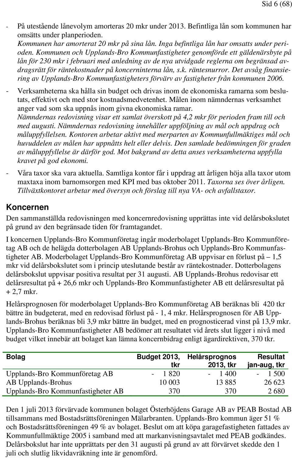 Kommunen och Upplands-Bro Kommunfastigheter genomförde ett gäldenärsbyte på lån för 230 mkr i februari med anledning av de nya utvidgade reglerna om begränsad avdragsrätt för räntekostnader på