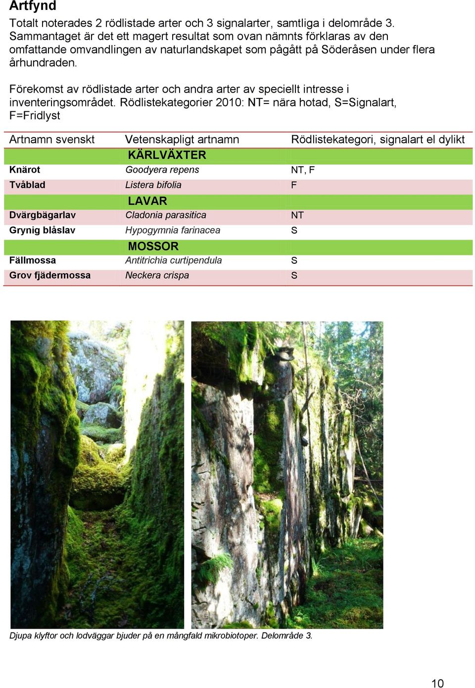 Förekomst av rödlistade arter och andra arter av speciellt intresse i inventeringsområdet.