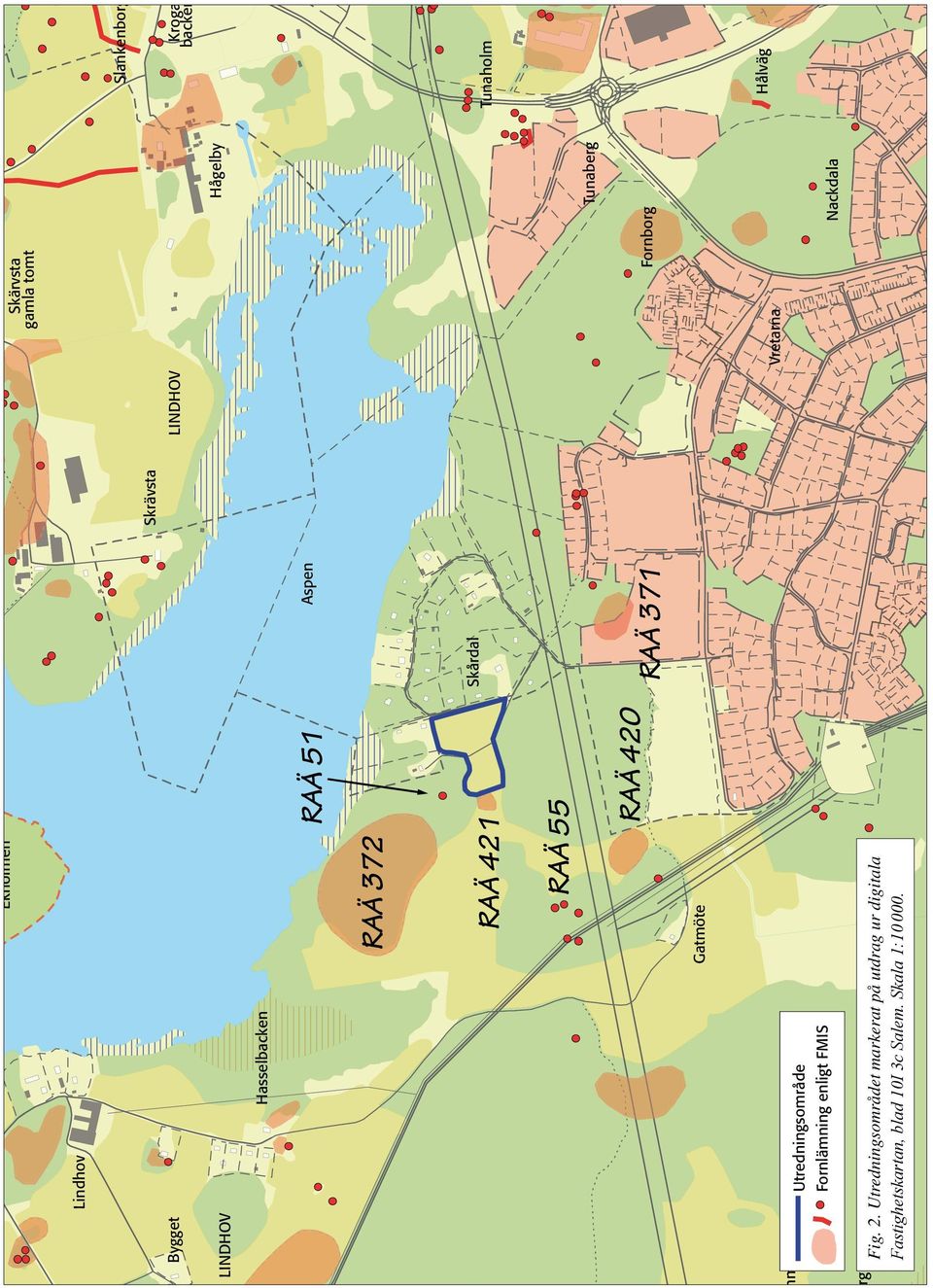 Utredningsområdet markerat på utdrag ur digitala Fastighetskartan, blad 10I 3c Salem. Skala 1:10 000.