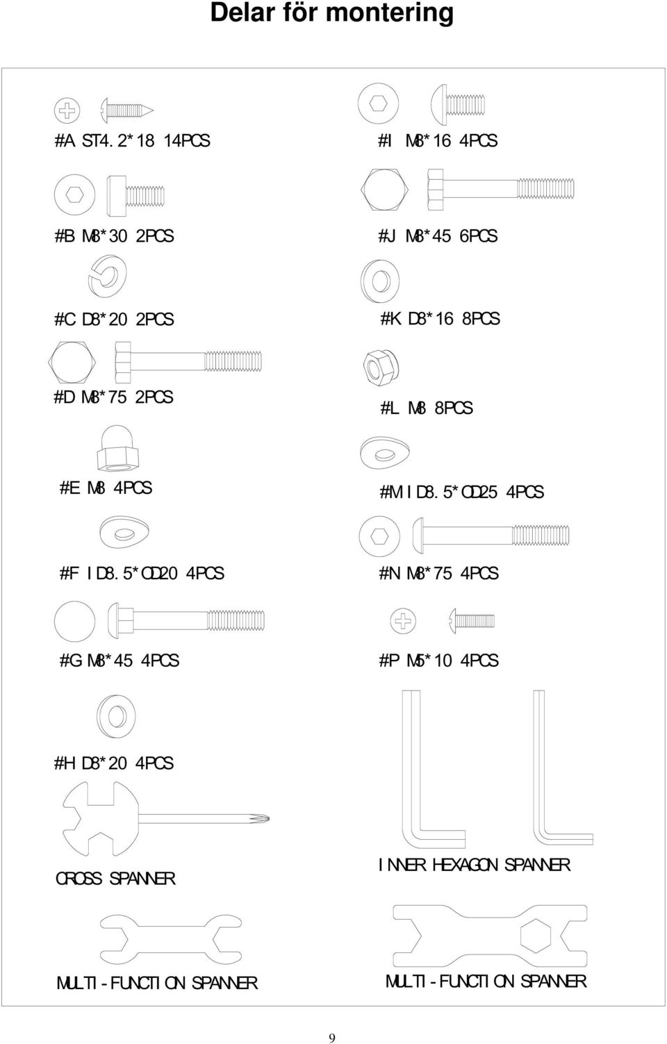 #D M8*75 2PCS #L M8 8PCS #E M8 4PCS #M I D8. 5*OD25 4PCS #F I D8.