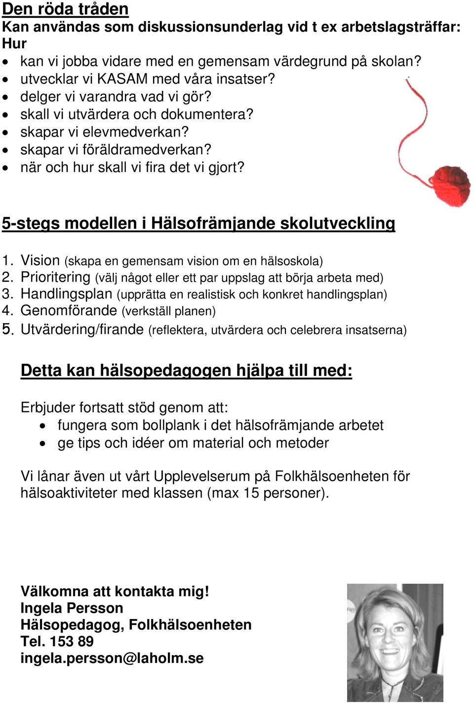 5-stegs modellen i Hälsofrämjande skolutveckling 1. Vision (skapa en gemensam vision om en hälsoskola) 2. Prioritering (välj något eller ett par uppslag att börja arbeta med) 3.