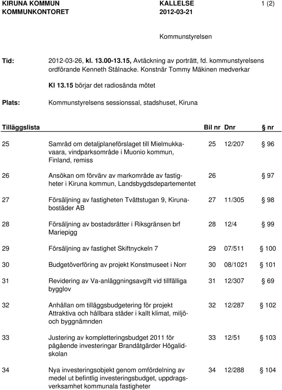 15 börjar det radiosända mötet Plats: Kommunstyrelsens sessionssal, stadshuset, Kiruna Tilläggslista Bil nr Dnr nr 25 Samråd om detaljplaneförslaget till Mielmukka- 25 12/207 96 vaara,