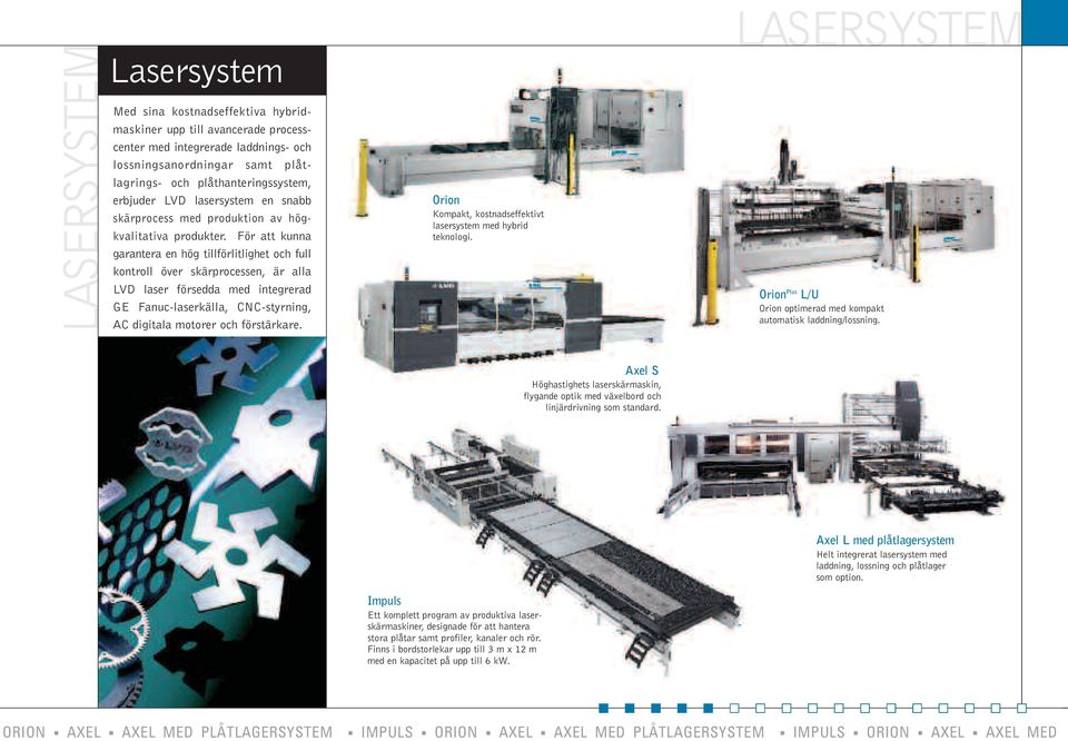 För att kunna garantera en hög tillförlitlighet och full kontroll över skärprocessen, är alla LVD laser försedda med integrerad GE Fanuc-laserkälla, CNC-styrning, AC digitala motorer och förstärkare.