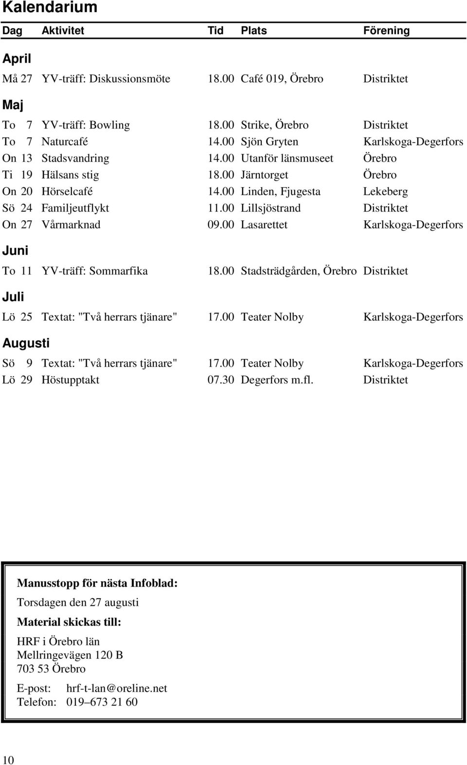00 Linden, Fjugesta Lekeberg Sö 24 Familjeutflykt 11.00 Lillsjöstrand Distriktet On 27 Vårmarknad 09.00 Lasarettet Karlskoga-Degerfors Juni To 11 YV-träff: Sommarfika 18.