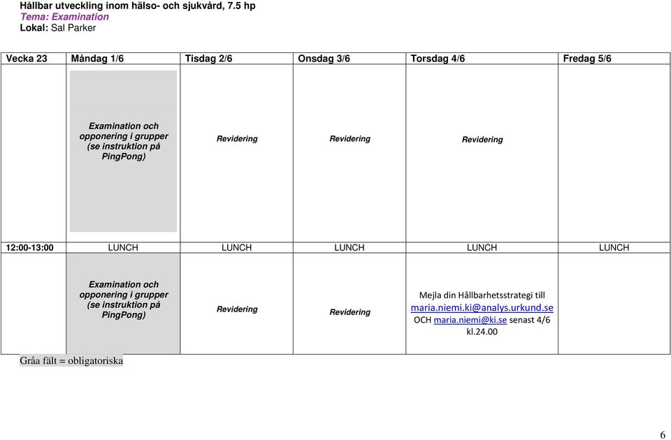 Revidering Examination och opponering i grupper (se instruktion på Revidering Revidering Mejla