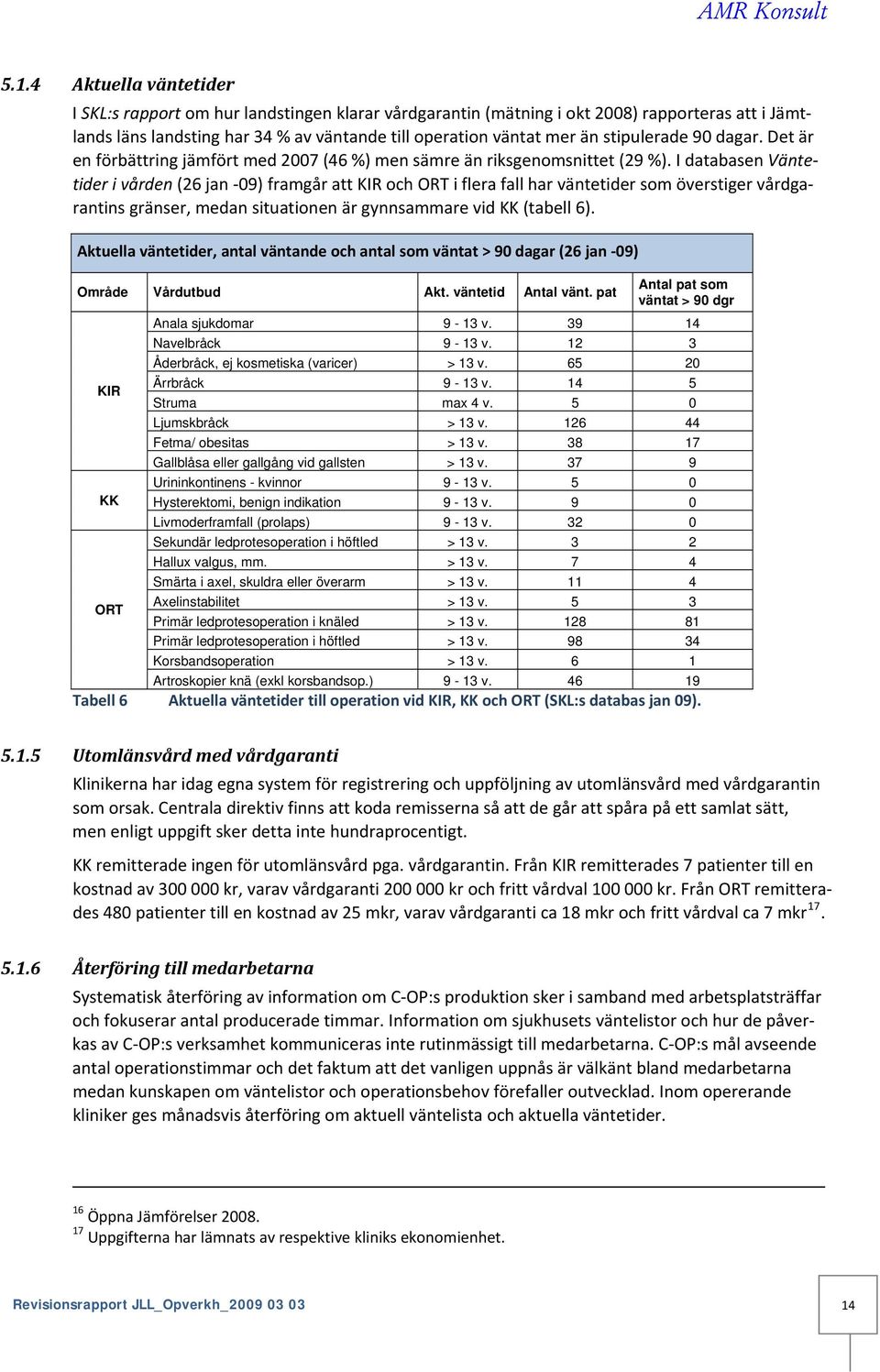 I databasen Väntetider i vården (26 jan 09) framgår att KIR och ORT i flera fall har väntetider som överstiger vårdgarantins gränser, medan situationen är gynnsammare vid KK (tabell 6).