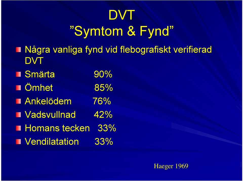 Ömhet 85% Ankelödem 76% Vadsvullnad 42%