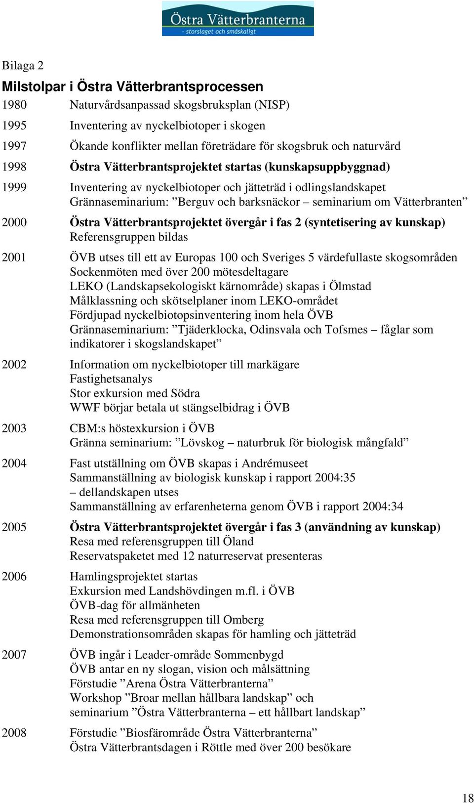 Vätterbranten 2000 Östra Vätterbrantsprojektet övergår i fas 2 (syntetisering av kunskap) Referensgruppen bildas 2001 ÖVB utses till ett av Europas 100 och Sveriges 5 värdefullaste skogsområden