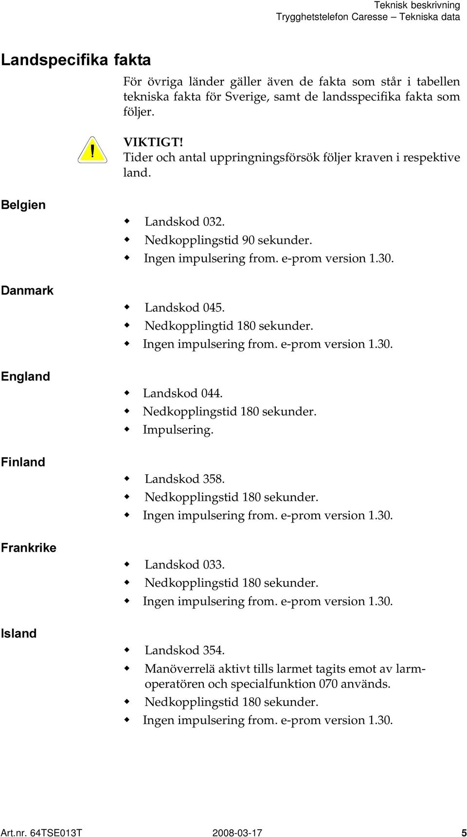 Belgien Danmark England Finland Frankrike Island w Landskod 032. w Nedkopplingstid 90 sekunder. w Landskod 045.