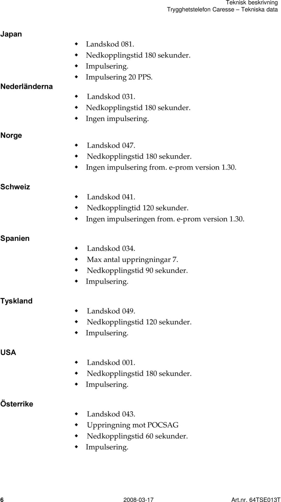 Spanien w Landskod 034. w Max antal uppringningar 7. w Nedkopplingstid 90 sekunder. Tyskland w Landskod 049.