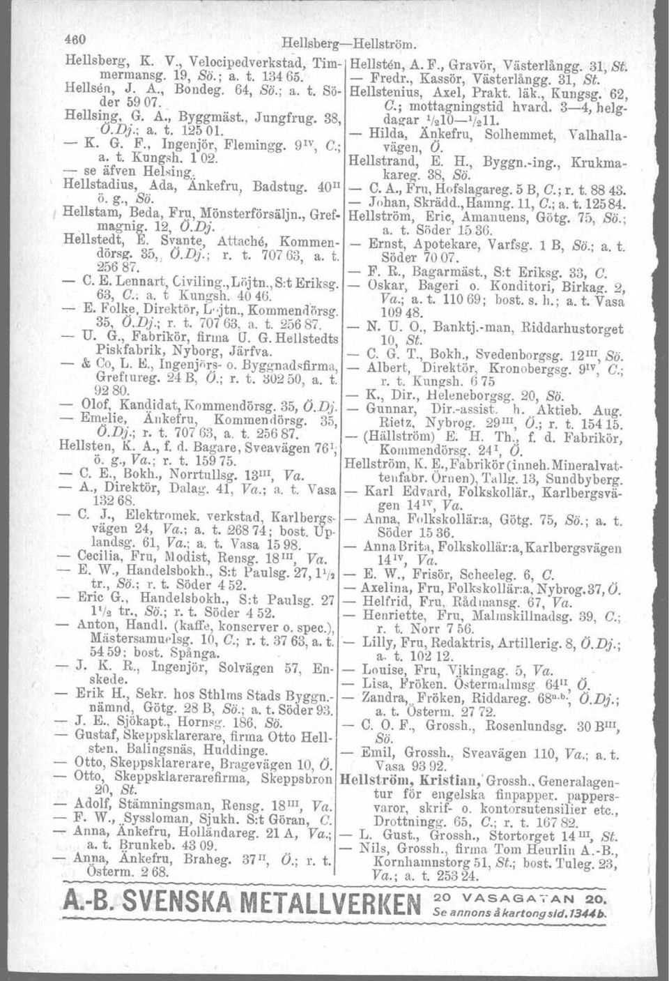 - Hilda, An.kefru, Solhemmet, Valhälla- - K. G. F., Ingenjör, Flemingg. 9IV, G.; vägen, O. a. t. Kungsh, 1 02. Hellstrand, E. H., Byggn.-ing., Krukma- - se äfven Helsing. kareg, 38, Sö.