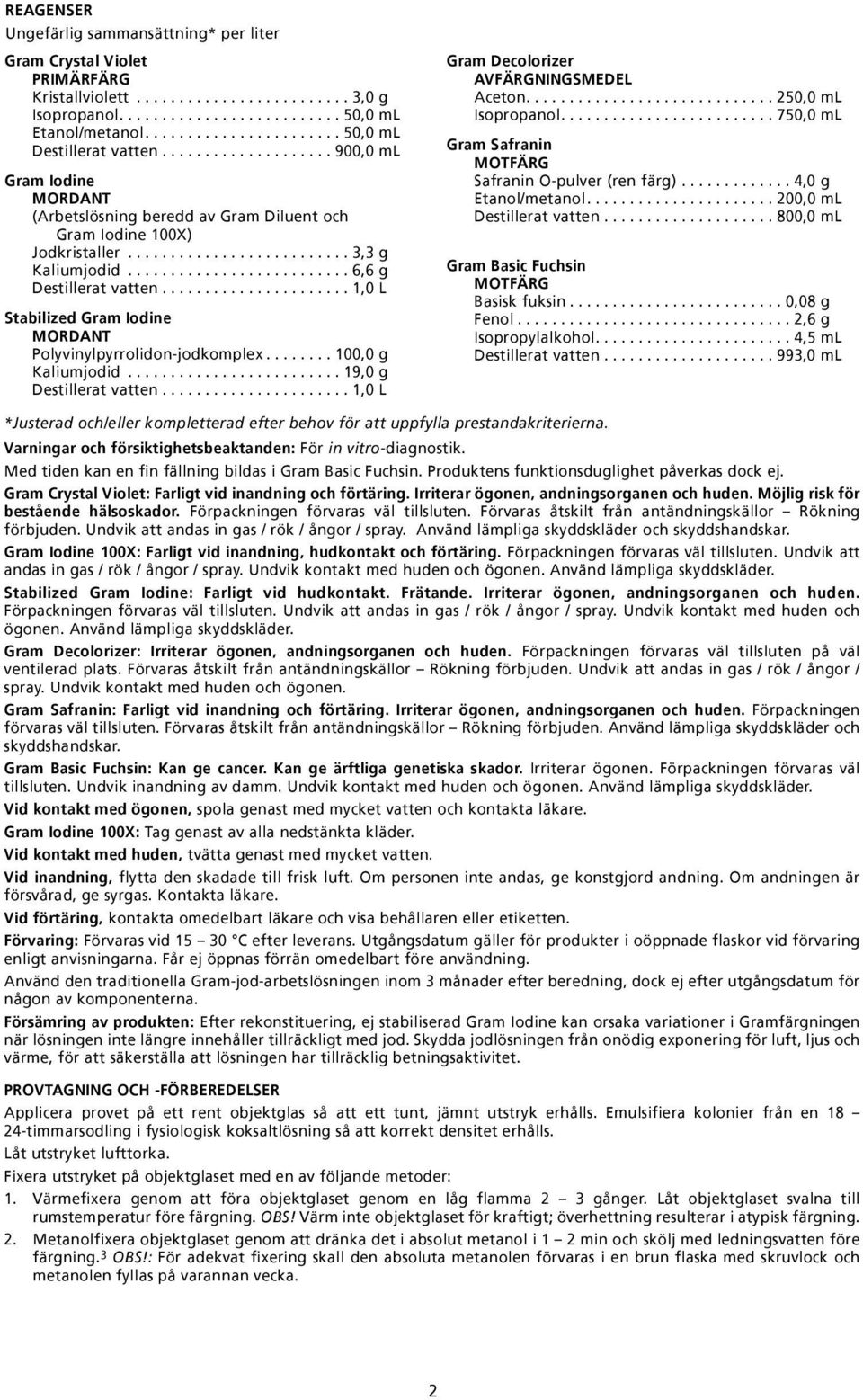 ......................... 6,6 g Destillerat vatten...................... 1,0 L Stabilized Gram Iodine MORDANT Polyvinylpyrrolidon-jodkomplex........ 100,0 g Kaliumjodid......................... 19,0 g Destillerat vatten.