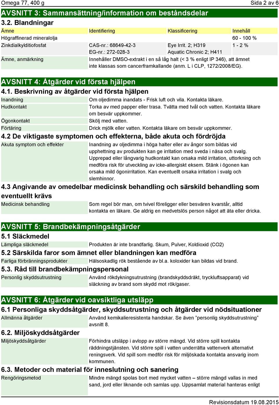 2; H319 Aquatic Chronic 2; H411 1-2 % Innehåller DMSO-extrakt i en så låg halt (< 3 % enligt IP 346), att ämnet inte klassas som cancerframkallande (anm. L i CLP, 1272/2008/EG).