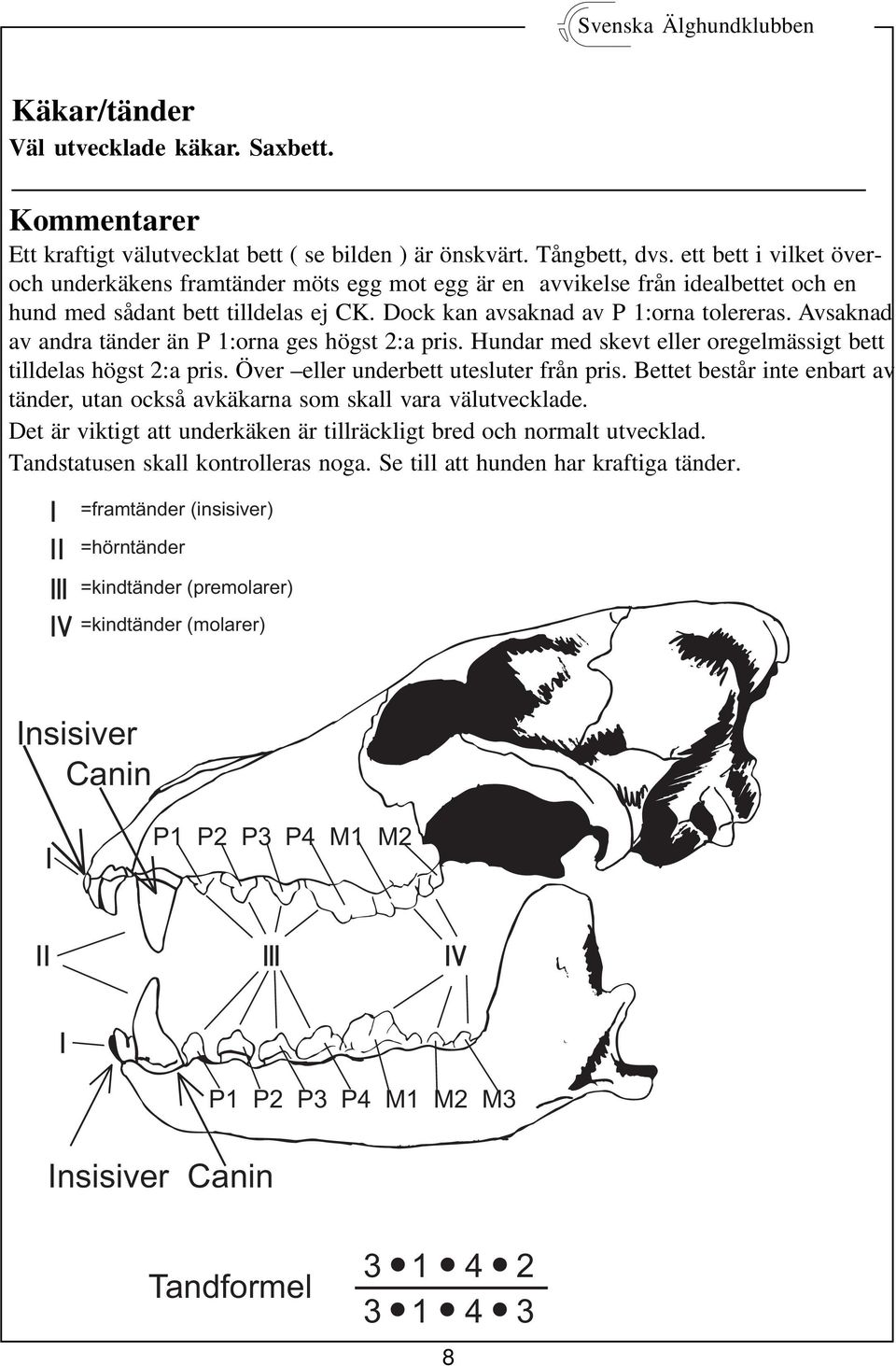 Avsaknad av andra tänder än P 1:orna ges högst 2:a pris. Hundar med skevt eller oregelmässigt bett tilldelas högst 2:a pris. Över eller underbett utesluter från pris.