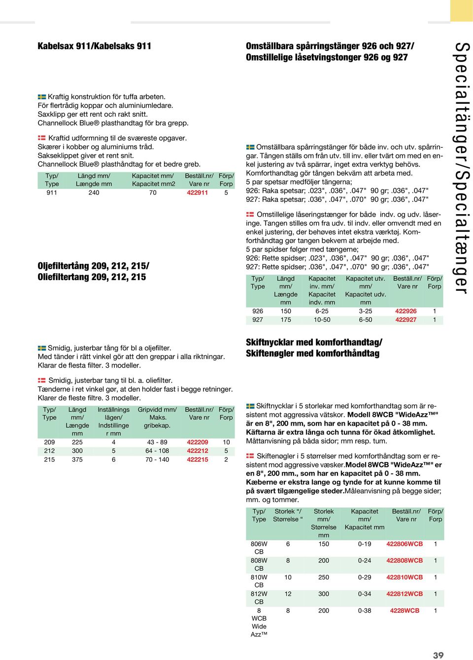 2 911 240 70 422911 5 Oljefiltertång 209, 212, 215/ Oliefiltertang 209, 212, 215 Omställbara spårringstänger 926 och 927/ Omstillelige låsetvingstonger 926 og 927 Omställbara spårringstänger för både