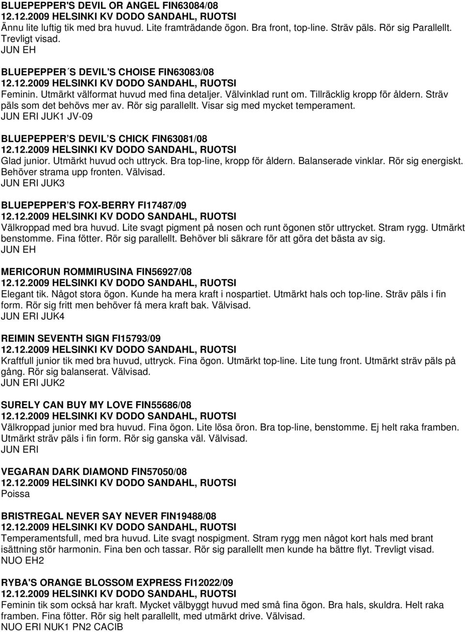 Visar sig med mycket temperament. JUN ERI JUK1 JV-09 BLUEPEPPER S DEVIL S CHICK FIN63081/08 Glad junior. Utmärkt huvud och uttryck. Bra top-line, kropp för åldern. Balanserade vinklar.