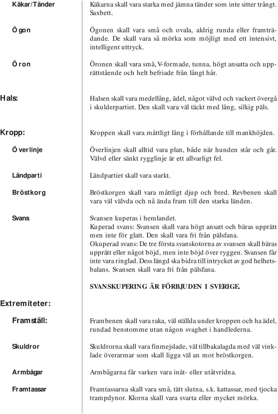 Hals: Halsen skall vara medellång, ädel, något välvd och vackert övergå i skulderpartiet. Den skall vara väl täckt med lång, silkig päls.