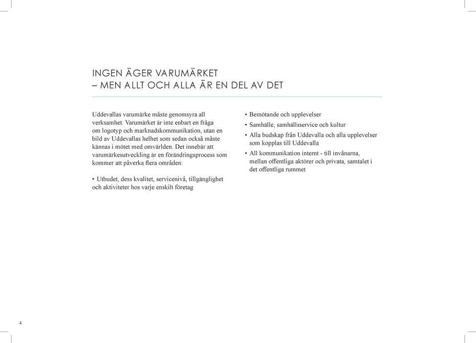 Det innebär att varumärkesutveckling är en förändringsprocess som kommer att påverka flera områden: Utbudet, dess kvalitet, servicenivå, tillgänglighet och aktiviteter hos varje