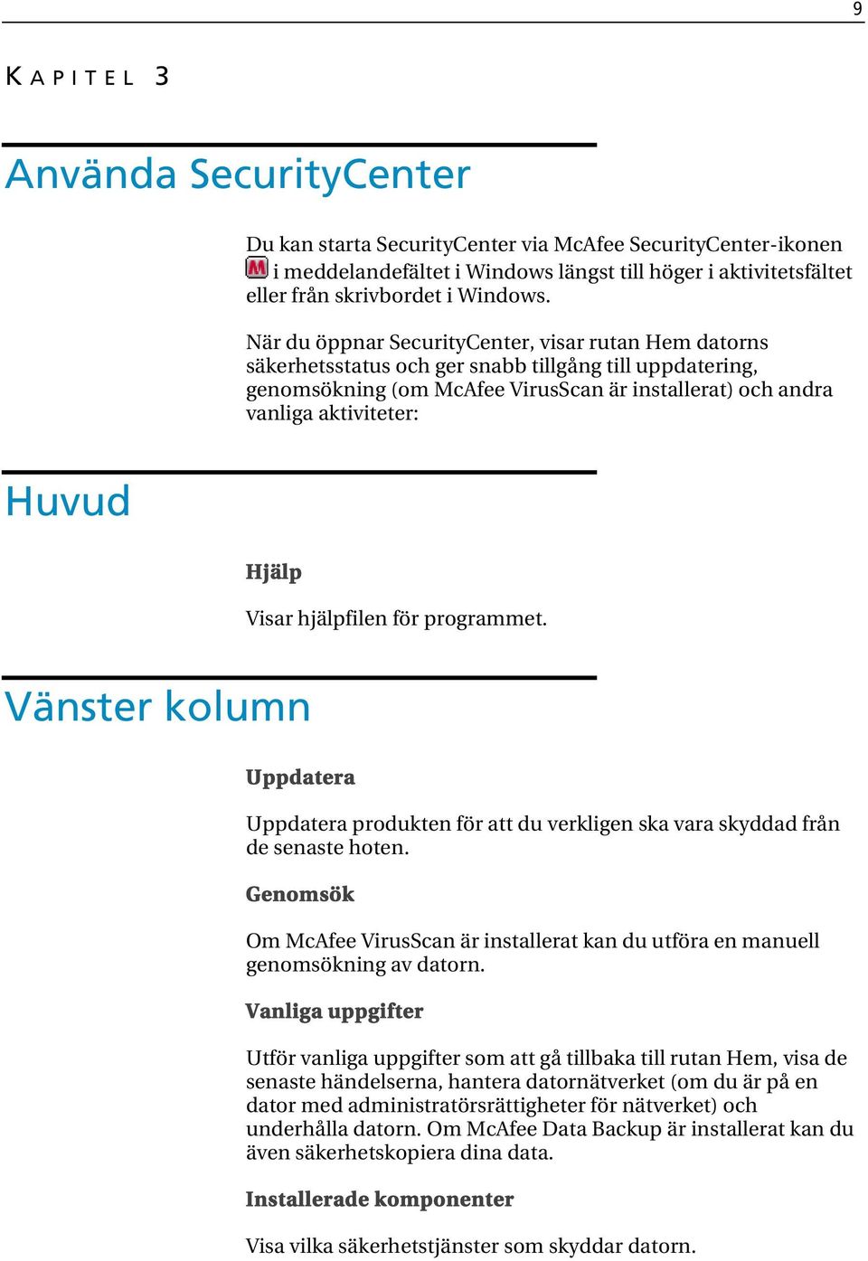 Hjälp Visar hjälpfilen för programmet. Vänster kolumn Uppdatera Uppdatera produkten för att du verkligen ska vara skyddad från de senaste hoten.