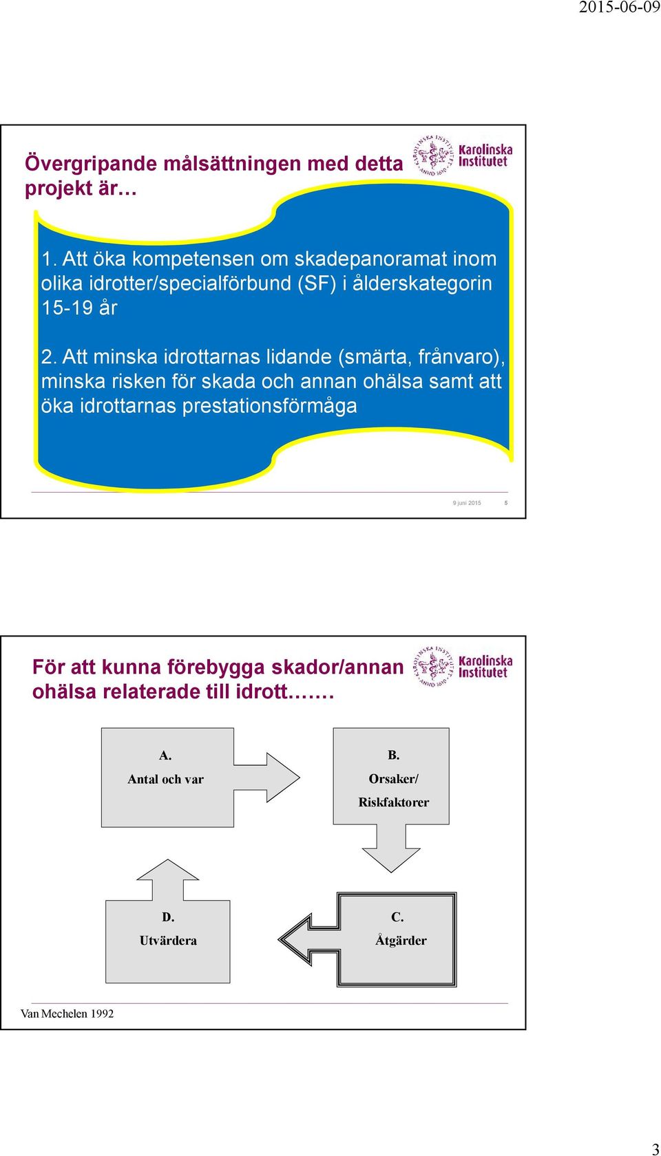 Att minska idrottarnas lidande (smärta, frånvaro), minska risken för skada och annan ohälsa samt att öka