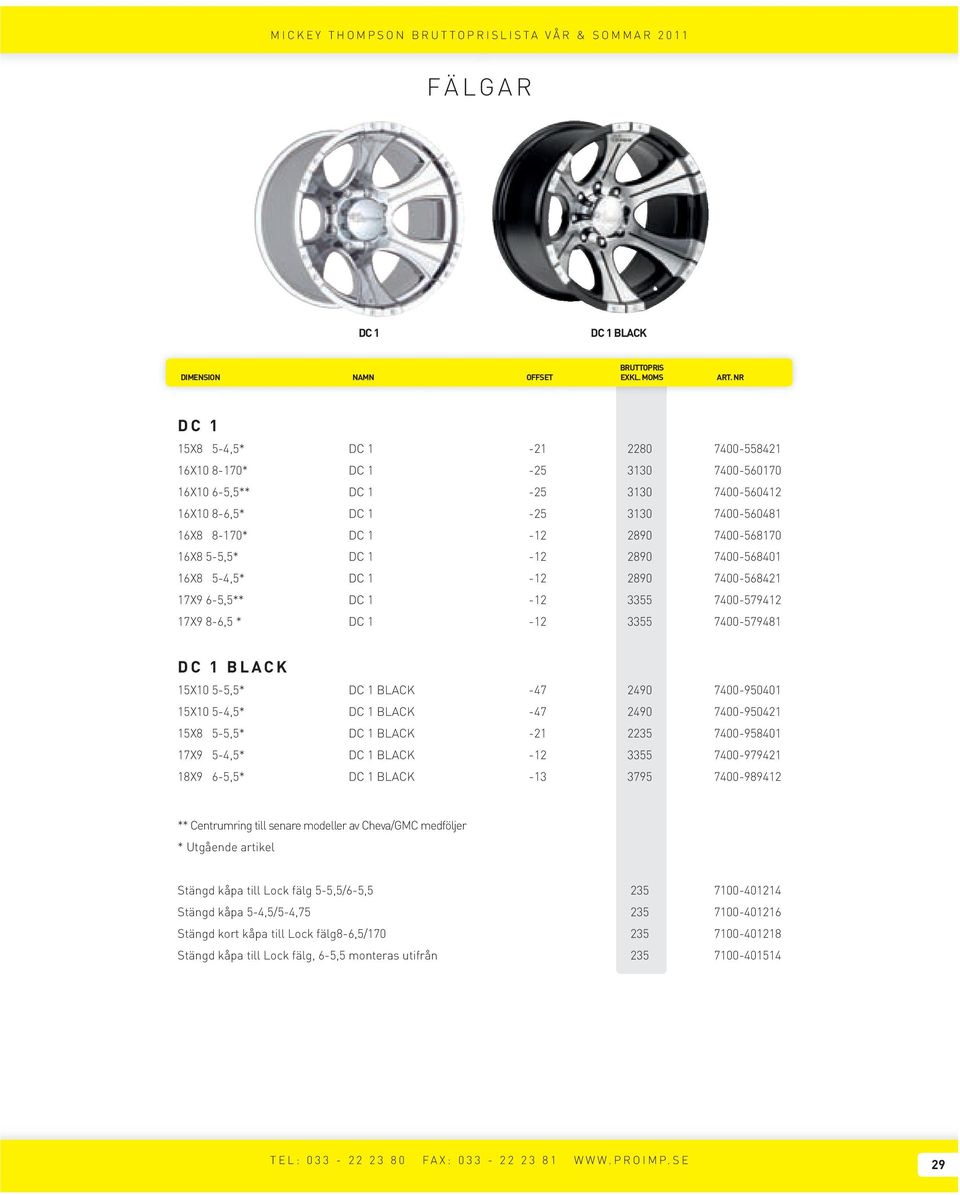 16X8 5-5,5* DC 1-12 2890 7400-568401 16X8 5-4,5* DC 1-12 2890 7400-568421 17X9 6-5,5** DC 1-12 3355 7400-579412 17X9 8-6,5 * DC 1-12 3355 7400-579481 DC 1 BLACK 15X10 5-5,5* DC 1 BLACK -47 2490