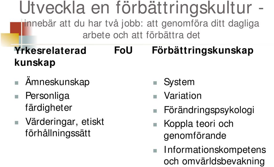 Ämneskunskap System Personliga färdigheter Variation Förändringspsykologi Värderingar,