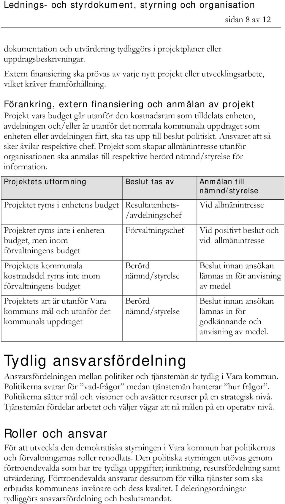 Förankring, extern finansiering och anmälan av projekt Projekt vars budget går utanför den kostnadsram som tilldelats enheten, avdelningen och/eller är utanför det normala kommunala uppdraget som