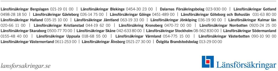 90 00 Länsförsäkringar Kalmar län 020-66 11 00 Länsförsäkringar Kristianstad 044-19 62 00 Länsförsäkring Kronoberg 0470-72 00 00 Länsförsäkringar Norrbotten 0920-24 25 00 Länsförsäkringar Skaraborg