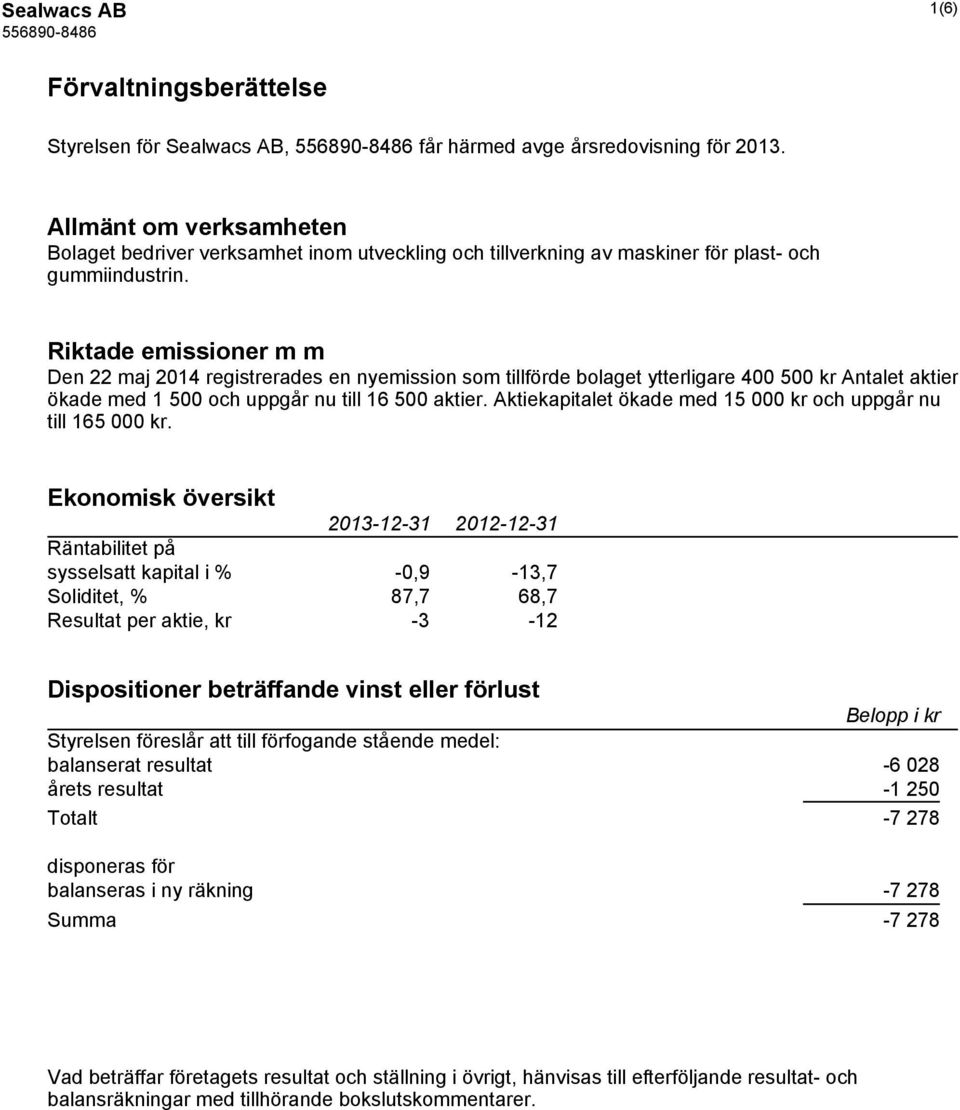 Riktade emissioner m m Den 22 maj 2014 registrerades en nyemission som tillförde bolaget ytterligare 400 500 kr Antalet aktier ökade med 1 500 och uppgår nu till 16 500 aktier.