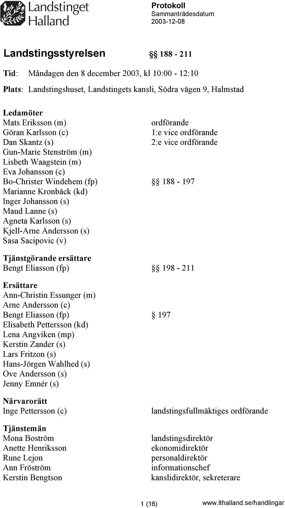 188-197 Marianne Kronbäck (kd) Inger Johansson (s) Maud Lanne (s) Agneta Karlsson (s) Kjell-Arne Andersson (s) Sasa Sacipovic (v) Tjänstgörande ersättare Bengt Eliasson (fp) 198-211 Ersättare