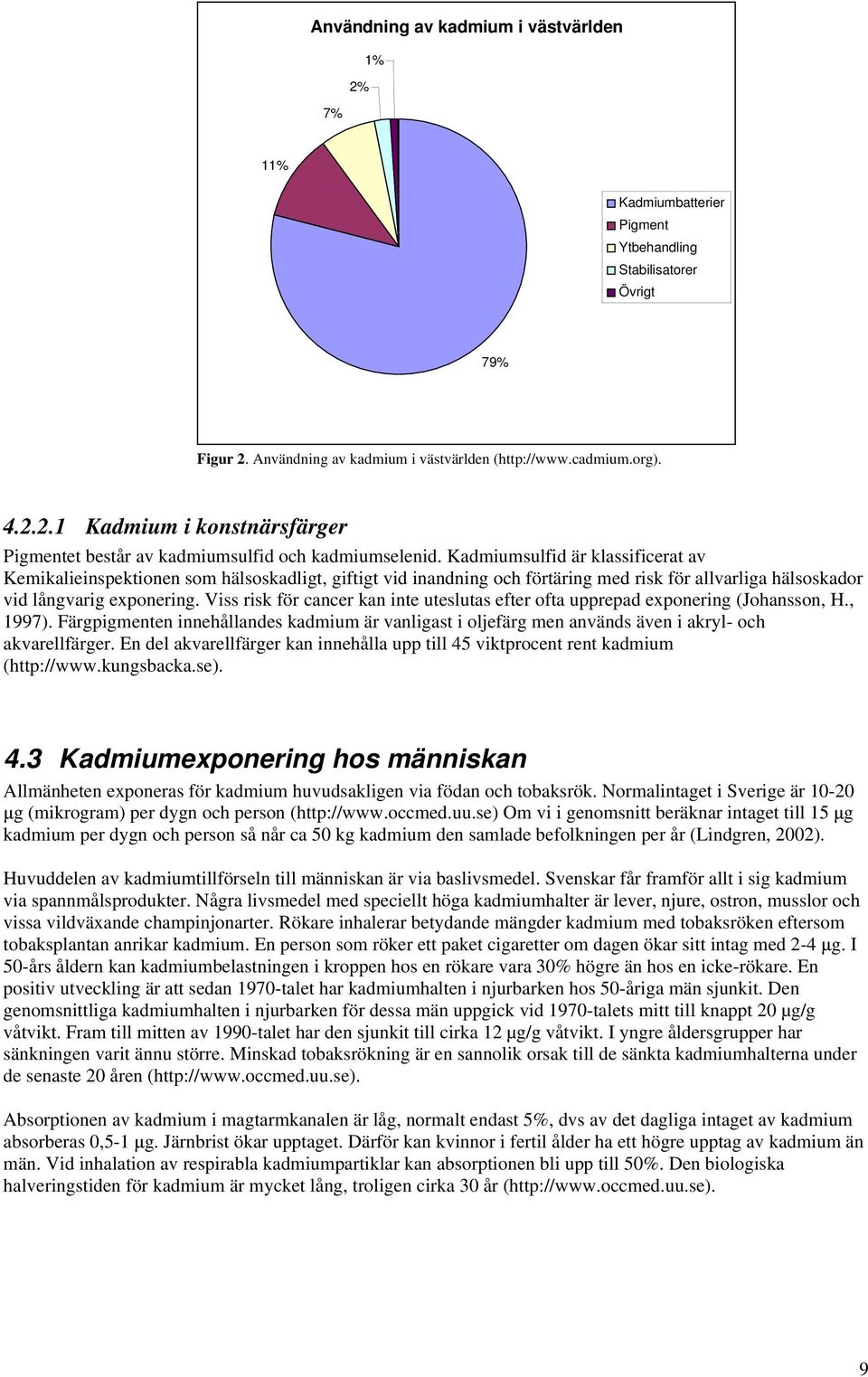 Viss risk för cancer kan inte uteslutas efter ofta upprepad exponering (Johansson, H., 1997). Färgpigmenten innehållandes kadmium är vanligast i oljefärg men används även i akryl- och akvarellfärger.