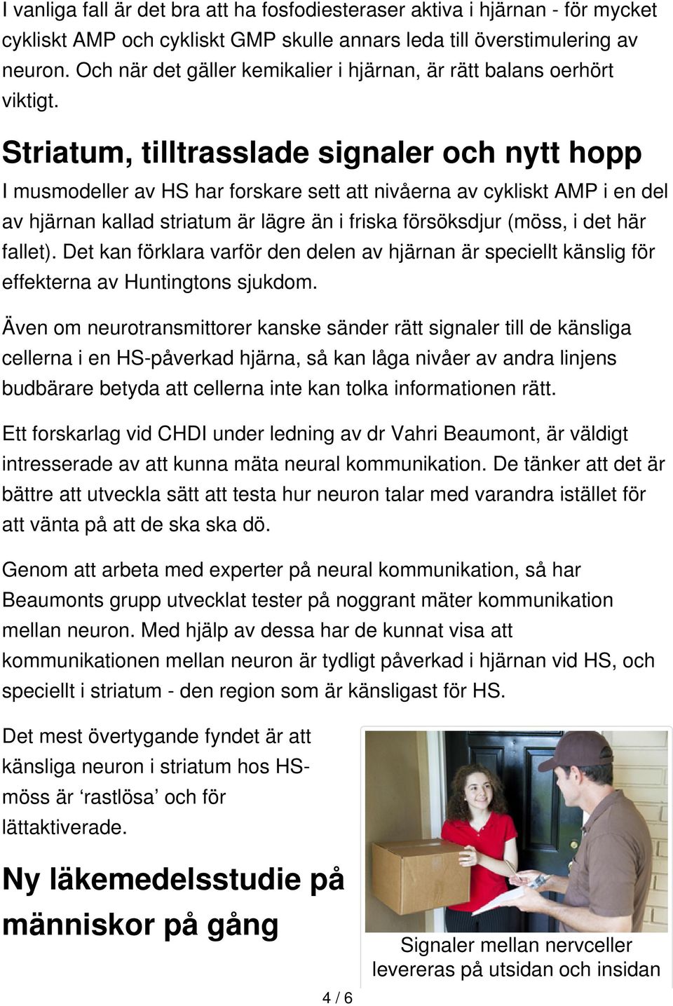 Striatum, tilltrasslade signaler och nytt hopp I musmodeller av HS har forskare sett att nivåerna av cykliskt AMP i en del av hjärnan kallad striatum är lägre än i friska försöksdjur (möss, i det här