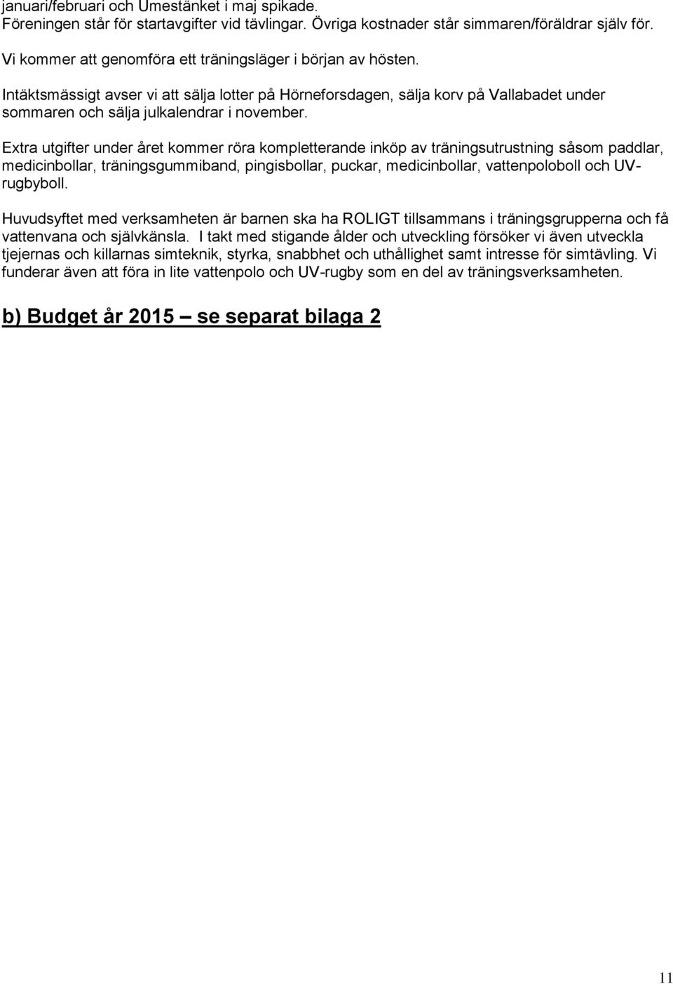 Extra utgifter under året kommer röra kompletterande inköp av träningsutrustning såsom paddlar, medicinbollar, träningsgummiband, pingisbollar, puckar, medicinbollar, vattenpoloboll och UVrugbyboll.