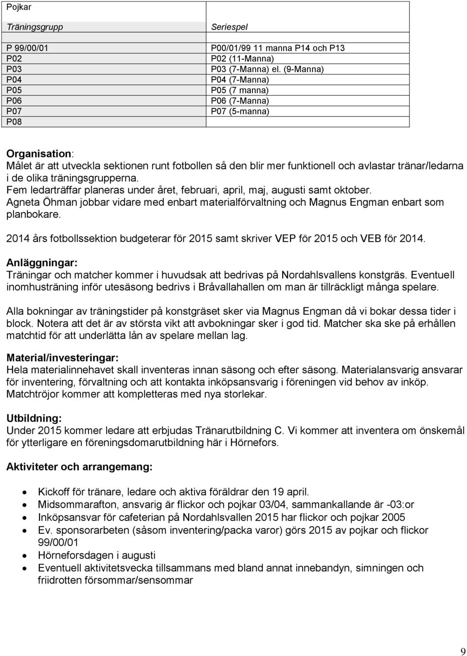 träningsgrupperna. Fem ledarträffar planeras under året, februari, april, maj, augusti samt oktober. Agneta Öhman jobbar vidare med enbart materialförvaltning och Magnus Engman enbart som planbokare.