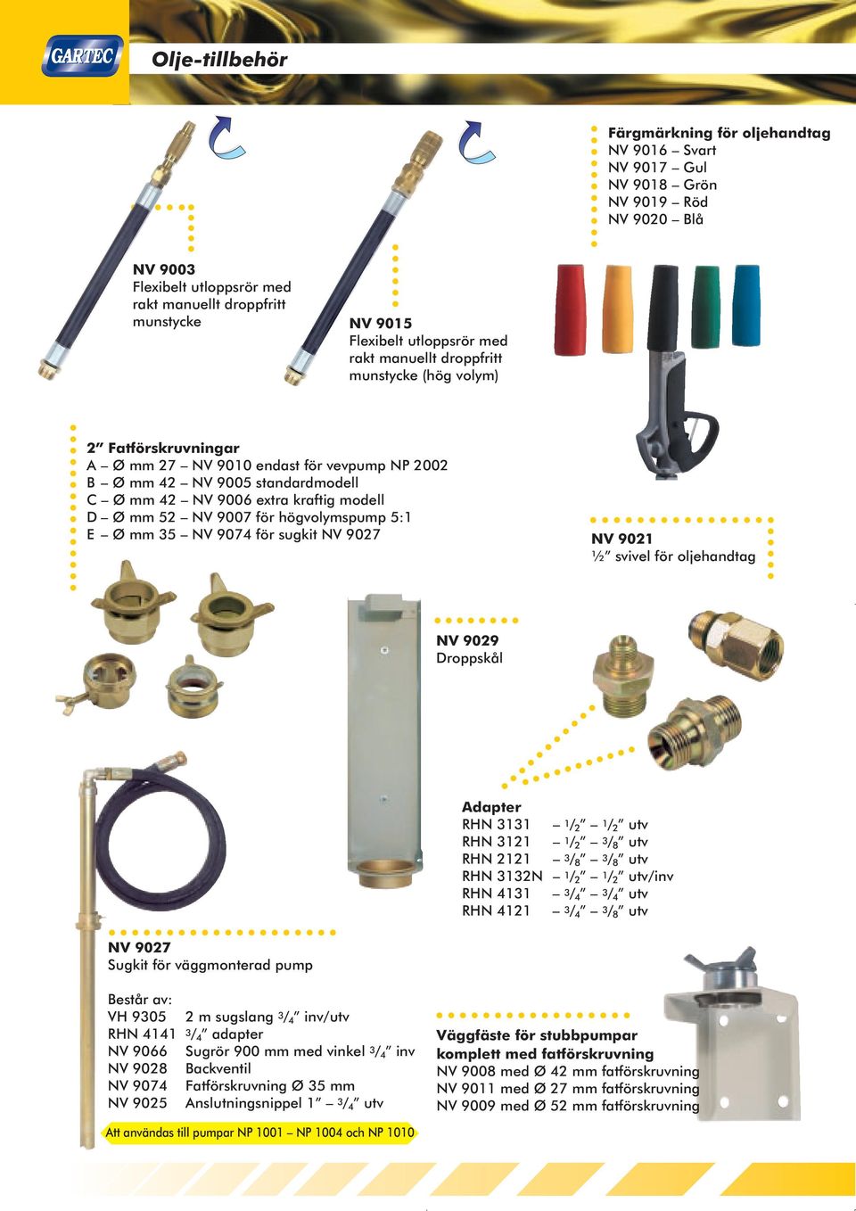 D Ø mm 52 NV 9007 för högvolymspump 5:1 E Ø mm 35 NV 9074 för sugkit NV 9027 NV 9021 ½ svivel för oljehandtag NV 9029 Droppskål Adapter RHN 3131 1 / 2 1 / 2 utv RHN 3121 1 / 2 3 / 8 utv RHN 2121 3 /