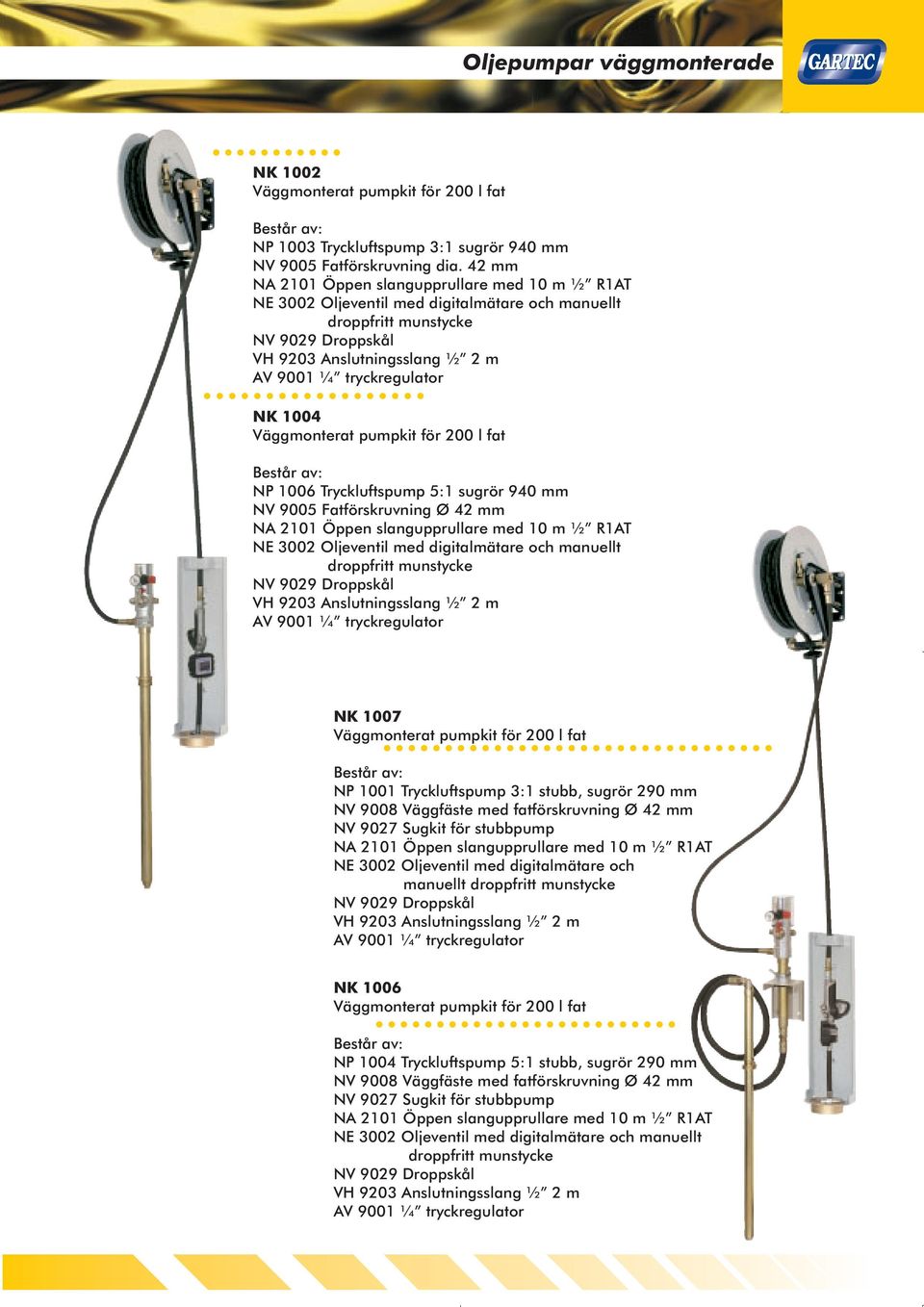 1004 Väggmonterat pumpkit för 200 l fat NP 1006 Tryckluftspump 5:1 sugrör 940 mm NV 9005 Fatförskruvning Ø  1007 Väggmonterat pumpkit för 200 l fat NP 1001 Tryckluftspump 3:1 stubb, sugrör 290 mm NV