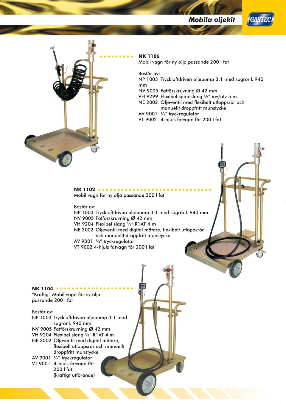 Tryckluftdriven oljepump 3:1 med sugrör L 940 mm NV 9005 Fatförskruvning Ø 42 mm VH 9204 Flexibel slang ½ R1AT 4 m NE 3002 Oljeventil med digital mätare, flexibelt utloppsrör och manuellt droppfritt