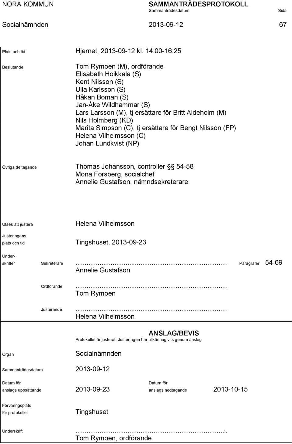 (M) Nils Holmberg (KD) Marita Simpson (C), tj ersättare för Bengt Nilsson (FP) Helena Vilhelmsson (C) Johan Lundkvist (NP) Övriga deltagande Thomas Johansson, controller 54-58 Mona Forsberg,