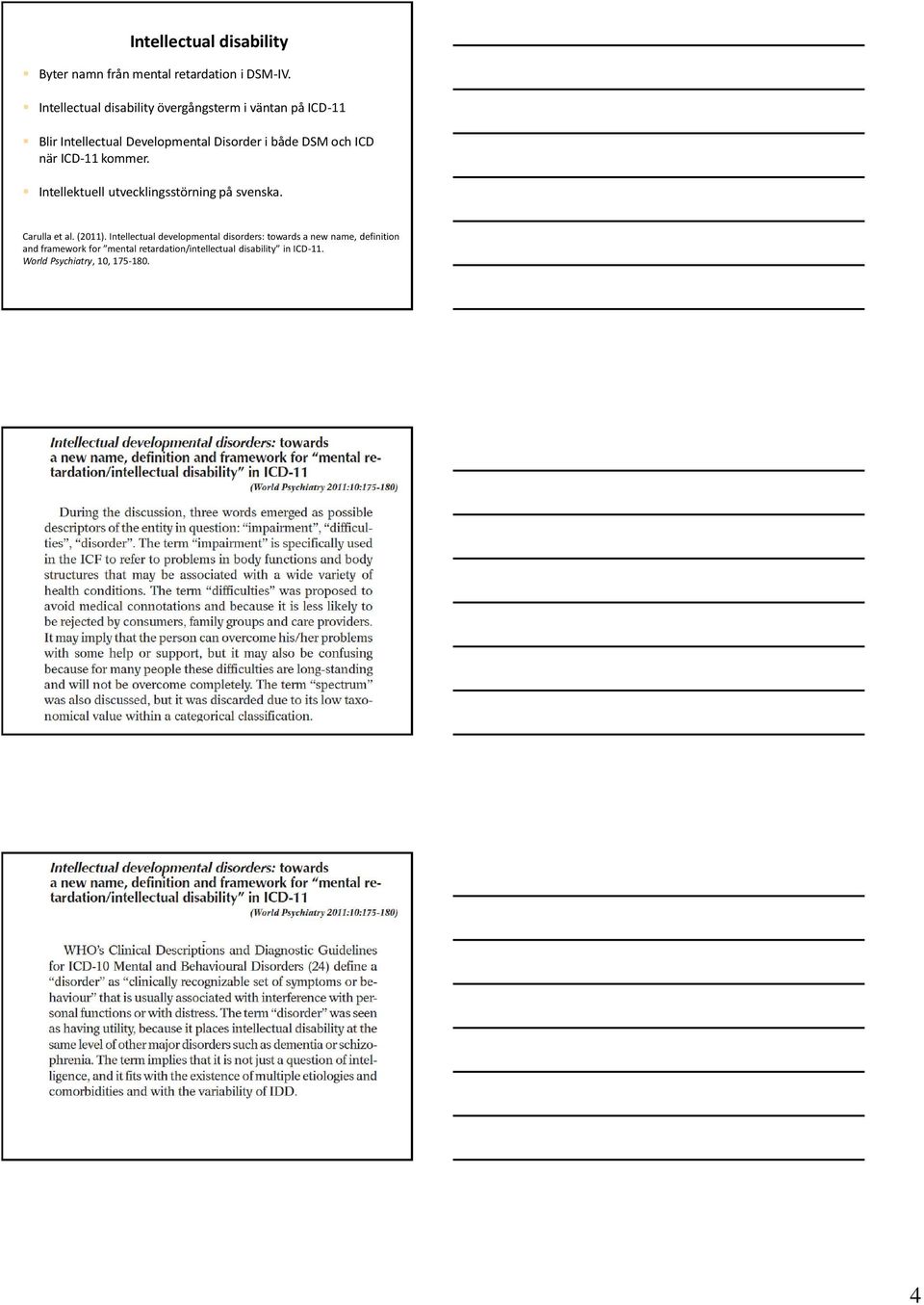 och ICD när ICD-11 kommer. Intellektuell utvecklingsstörning på svenska. Carulla et al. (2011).