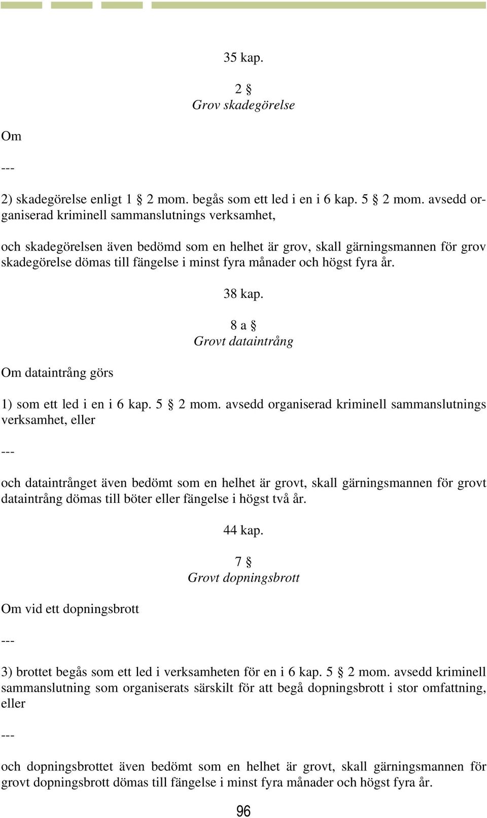 högst fyra år. Om dataintrång görs 38 kap. 8 a Grovt dataintrång 1) som ett led i en i 6 kap. 5 2 mom.