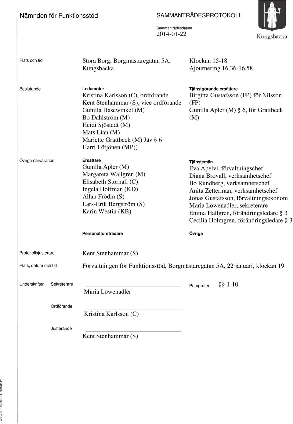 (M) Jäv 6 Harri Lötjönen (MP)) Ersättare Gunilla Apler (M) Margareta Wallgren (M) Elisabeth Storhäll (C) Ingela Hoffman (KD) Allan Frödin (S) Lars-Erik Bergström (S) Karin Westin (KB)