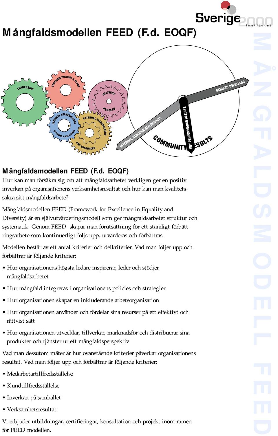 Genom FEED skapar man förutsättning för ett ständigt förbättringsarbete som kontinuerligt följs upp, utvärderas och förbättras. Modellen består av ett antal kriterier och delkriterier.