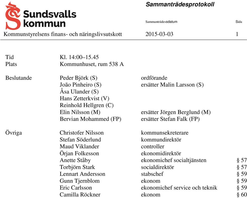 Elin Nilsson (M) ersätter Jörgen Berglund (M) Bervian Mohammed (FP) ersätter Stefan Falk (FP) Övriga Christofer Nilsson kommunsekreterare Stefan Söderlund kommundirektör