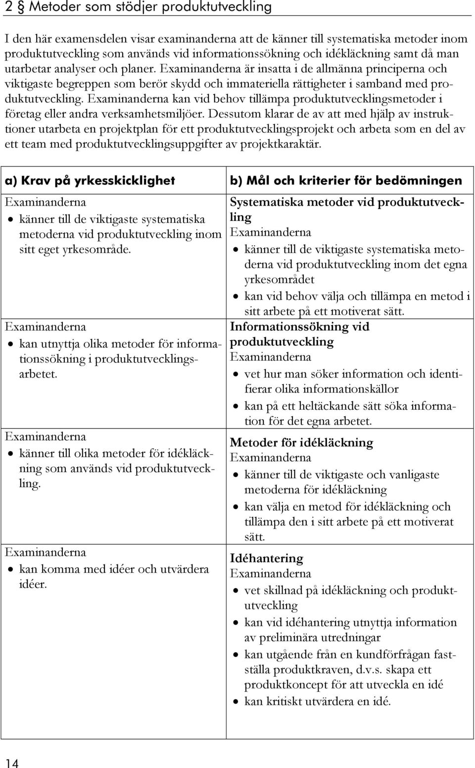 kan vid behov tillämpa produktutvecklingsmetoder i företag eller andra verksamhetsmiljöer.