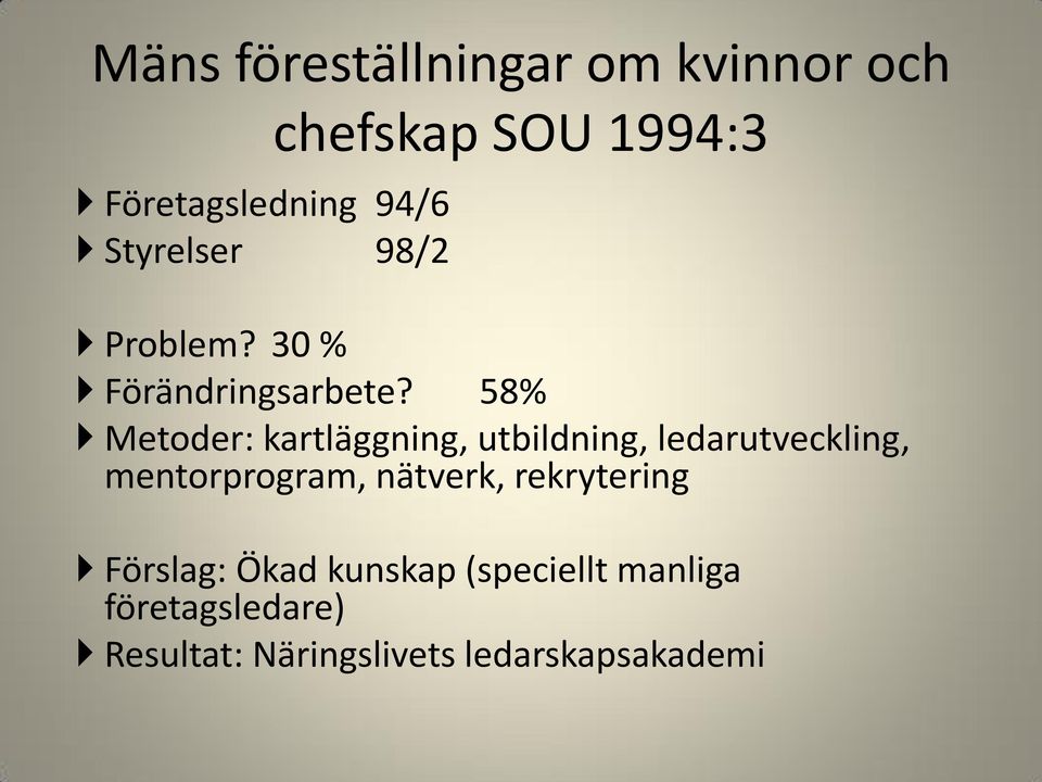 58% Metoder: kartläggning, utbildning, ledarutveckling, mentorprogram,