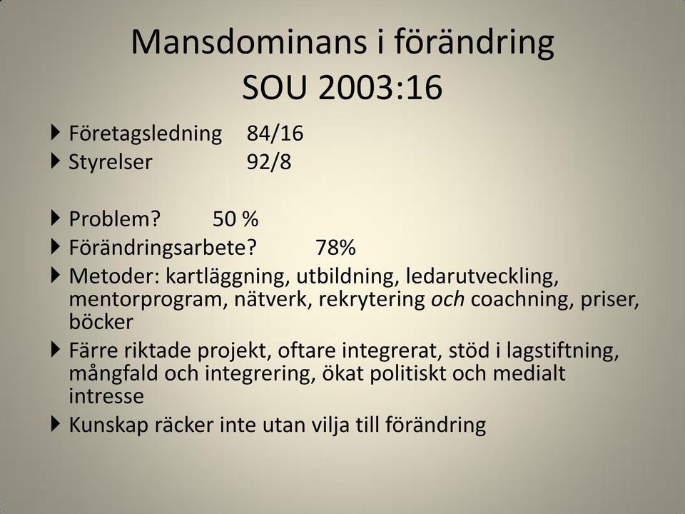 78% Metoder: kartläggning, utbildning, ledarutveckling, mentorprogram, nätverk, rekrytering och