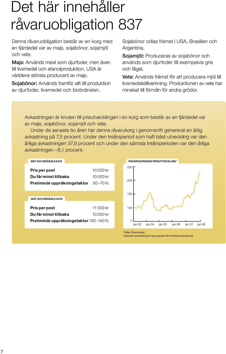 Sojabönor: Används framför allt till produktion av djurfoder, livsmedel och biobränslen. Sojabönor odlas främst i USA, Brasilien och Argentina.