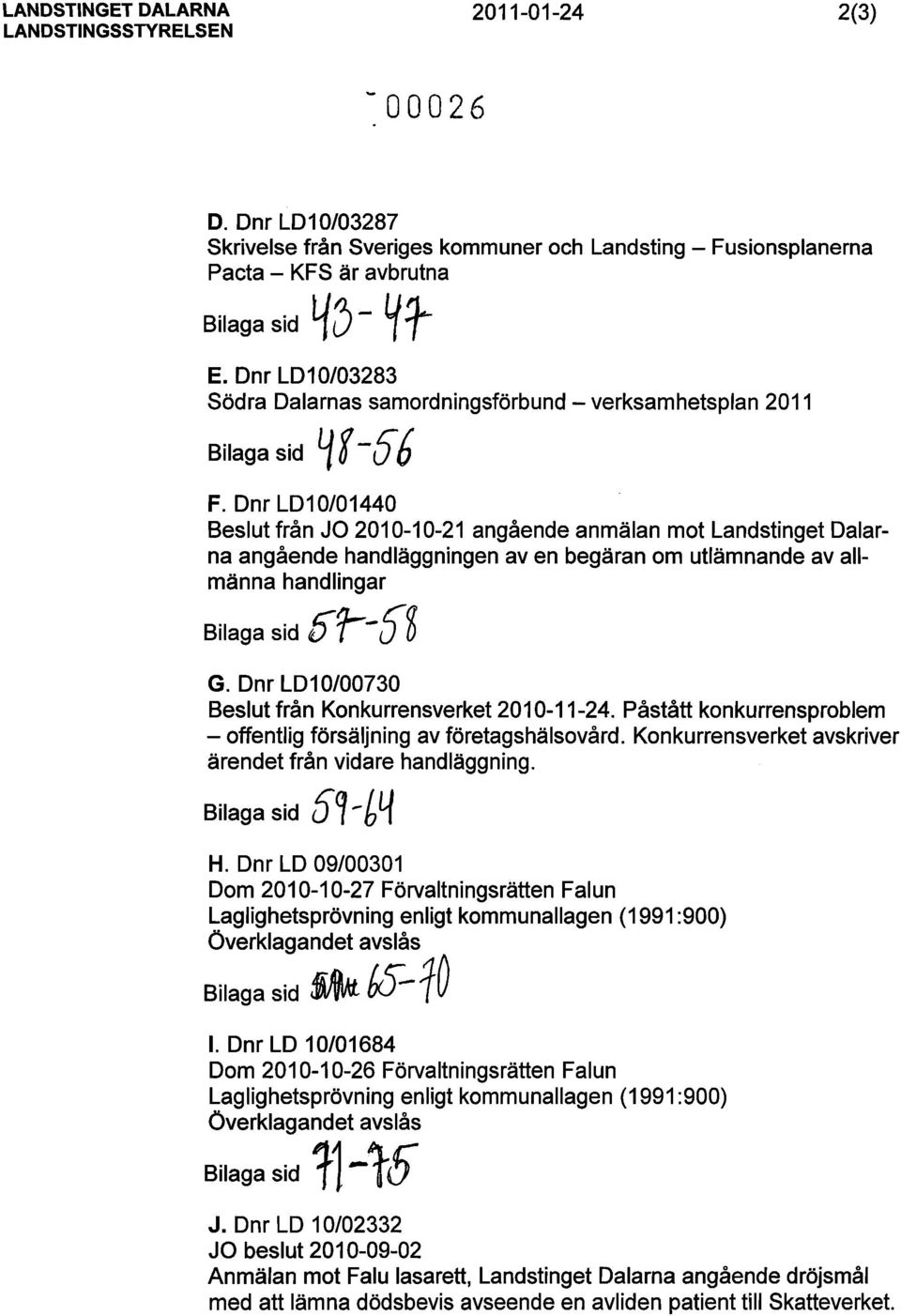 Dnr LD10101440 Beslut från JO 2010-10-21 angående anmälan mot Landstinget Dalarna angående handläggningen aven begäran om utlämnande av allmänna handlingar Bilaga sid 61--oZ G.