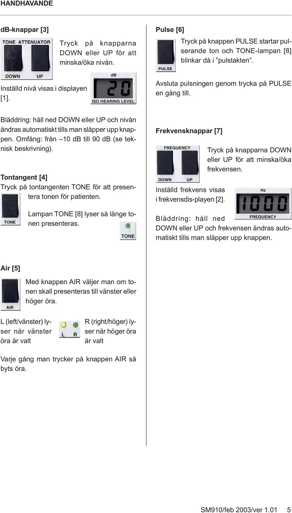 Omfång: från 10 db till 90 db (se teknisk beskrivning). Tontangent [4] Tryck på tontangenten TONE för att presentera tonen för patienten. Lampan TONE [8] lyser så länge tonen presenteras.