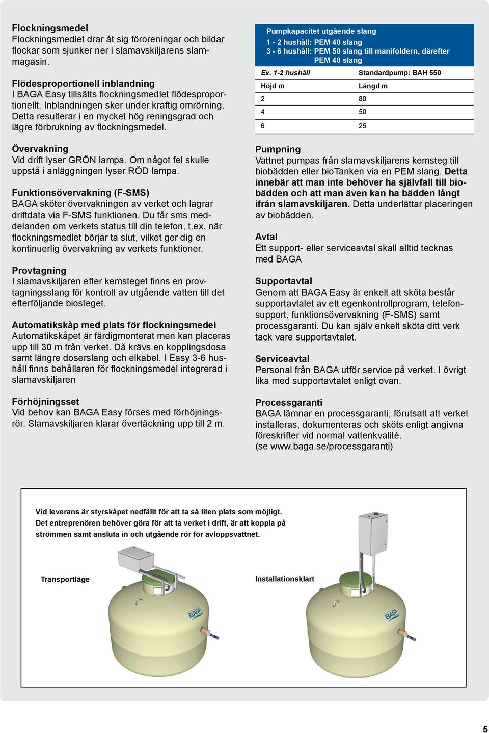 Detta resulterar i en mycket hög reningsgrad och lägre förbrukning av flockningsmedel. Övervakning Vid drift lyser GRÖN lampa. Om något fel skulle uppstå i anläggningen lyser RÖD lampa.